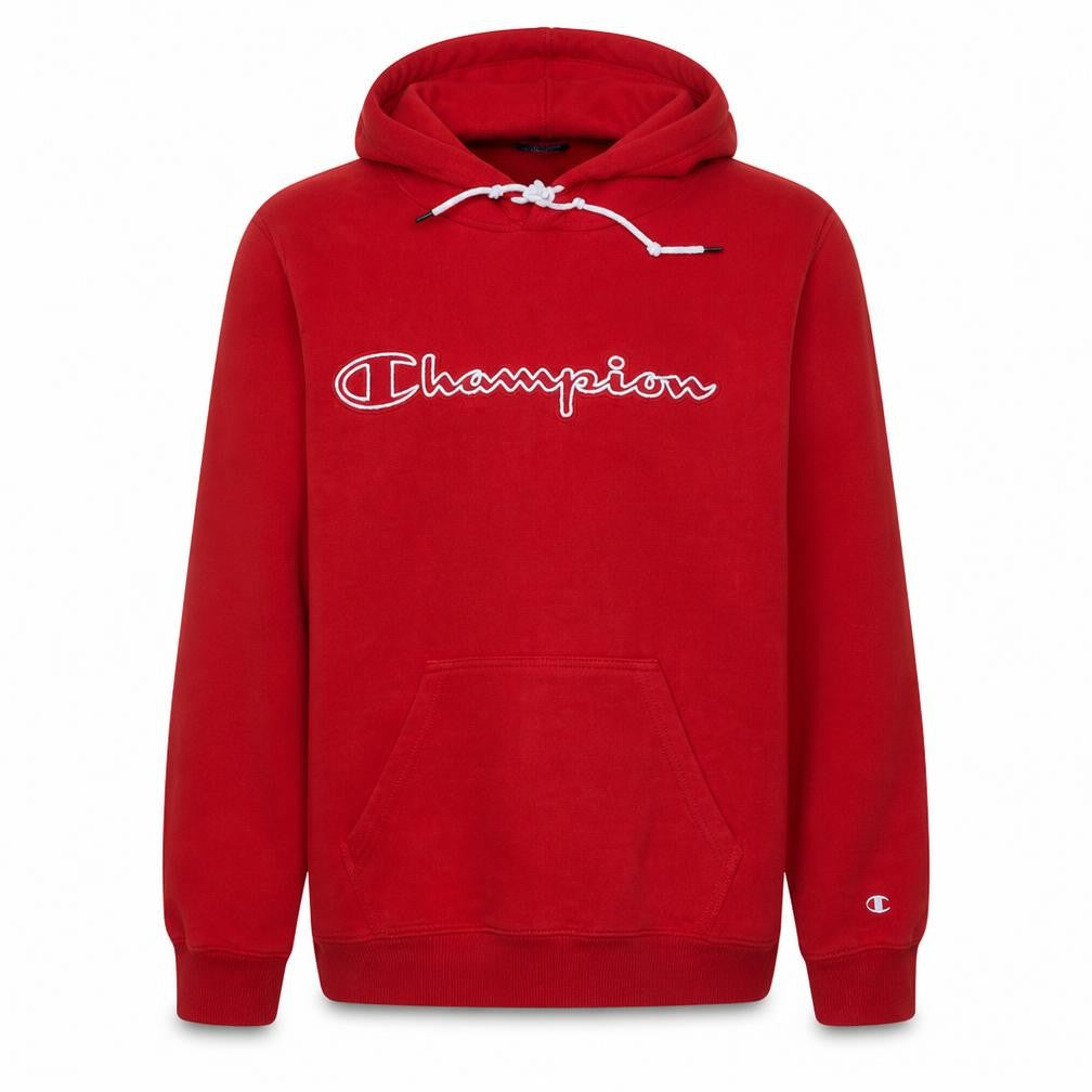 Front view of Champion Men's Red Pullover Hoodie Small Fleece Logo Sweatshirt