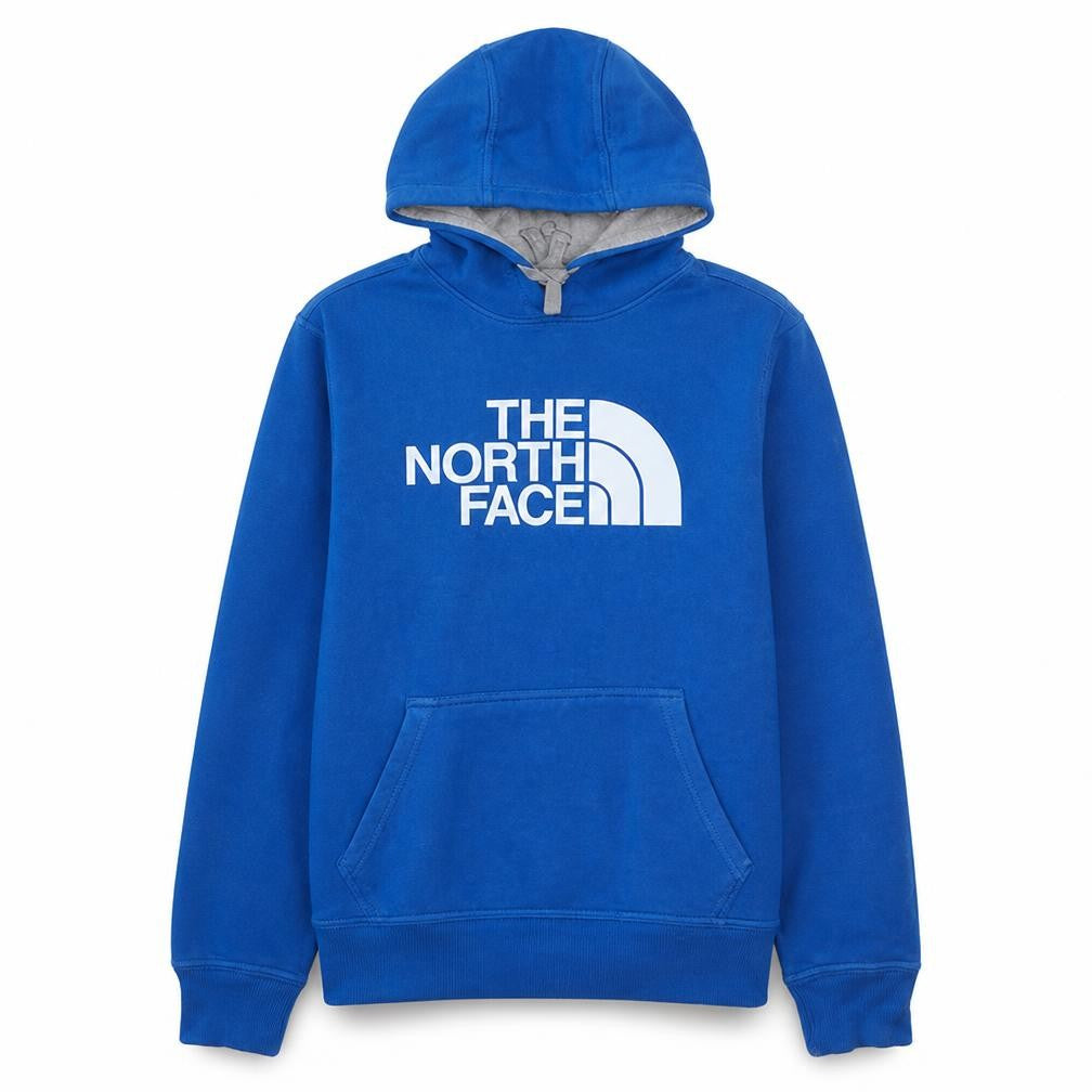 Front view of The North Face men’s blue pullover hoodie small regular fit