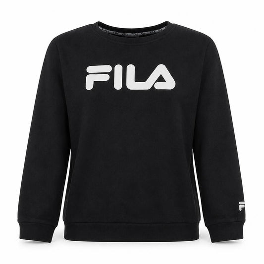 Front view of Fila women’s black crew neck pullover sweatshirt, size UK 18