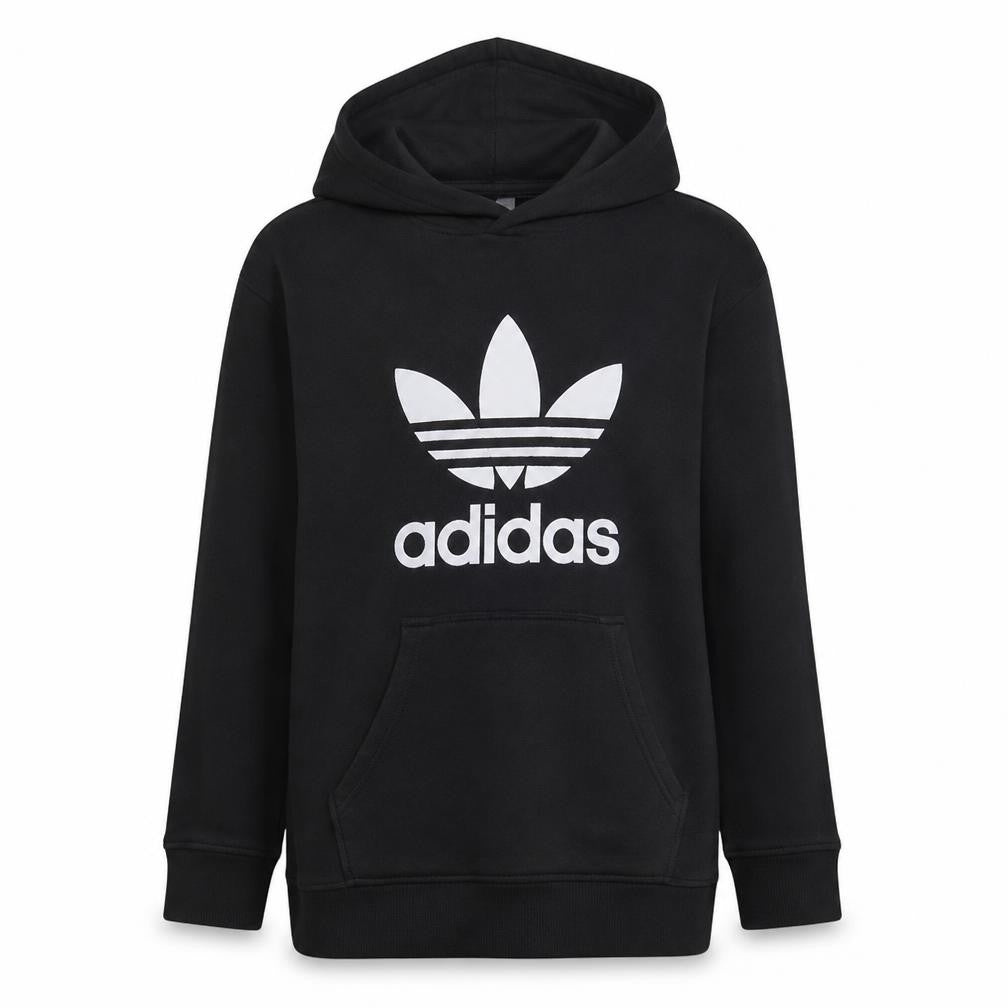 Front view of Adidas women’s black pullover hoodie, size UK 18, trefoil logo sweatshirt