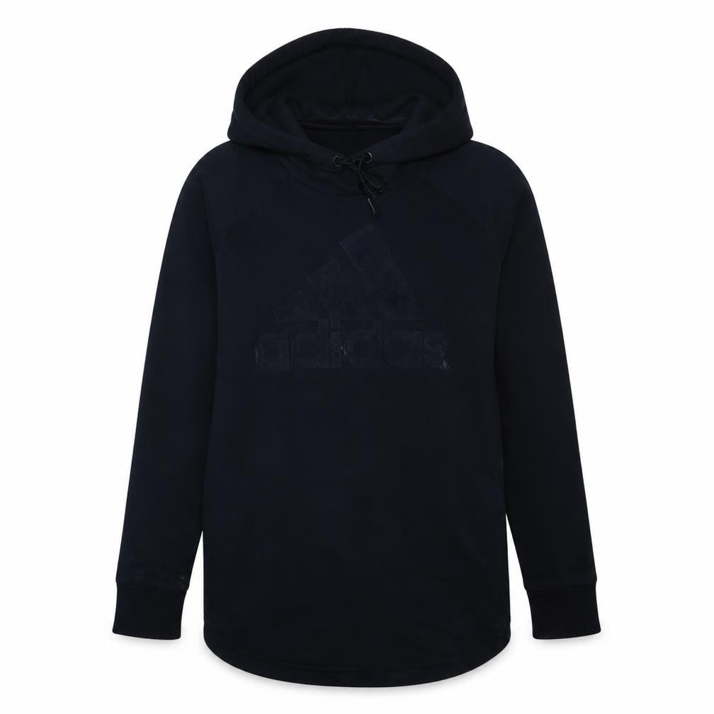 Front view of Adidas women’s black pullover hoodie, size M, logo fleece sweatshirt