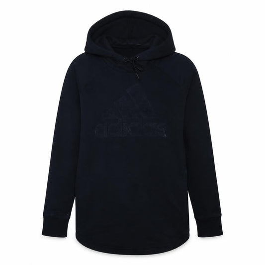 Front view of Adidas women’s black pullover hoodie, size M, logo fleece sweatshirt