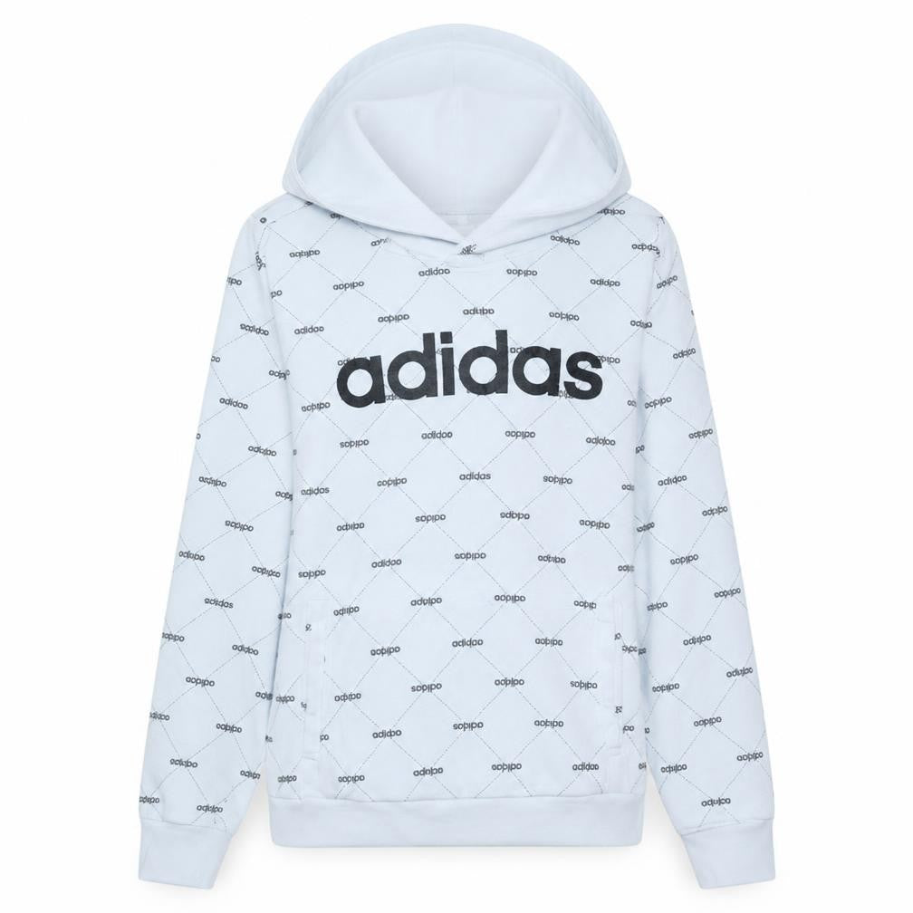 Front view of Adidas women’s white pullover hoodie m 12-14 logo print casual