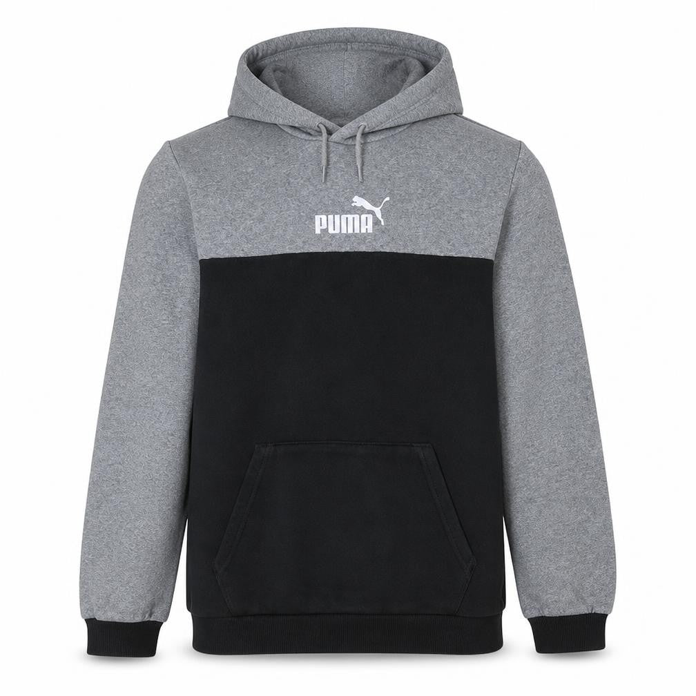Front view of Puma men’s grey black logo hoodie, size L, pullover fleece sweatshirt