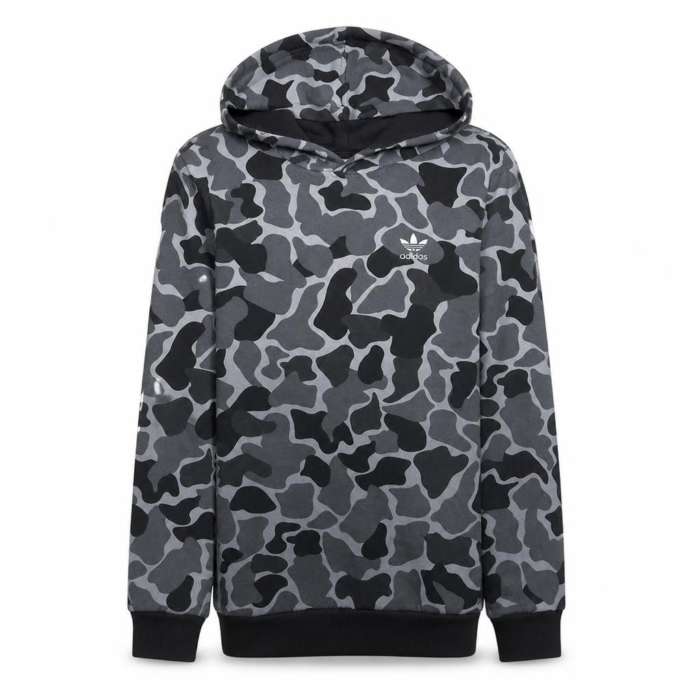 Front view of Adidas Men's Grey Camo Pullover Hoodie Sweatshirt, size S, Classic Fit