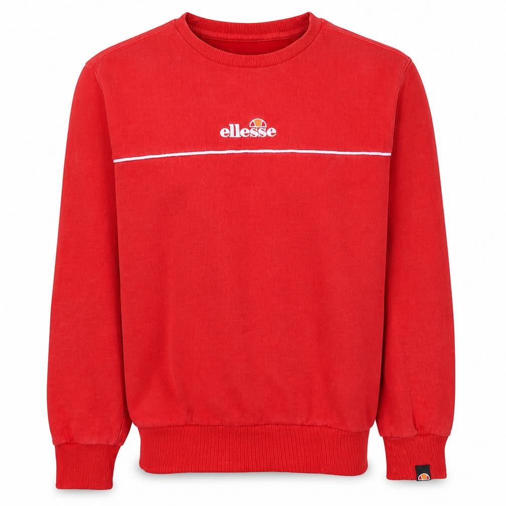 Front view of Ellesse men’s red crew neck sweatshirt, size S, logo embroidered pullover