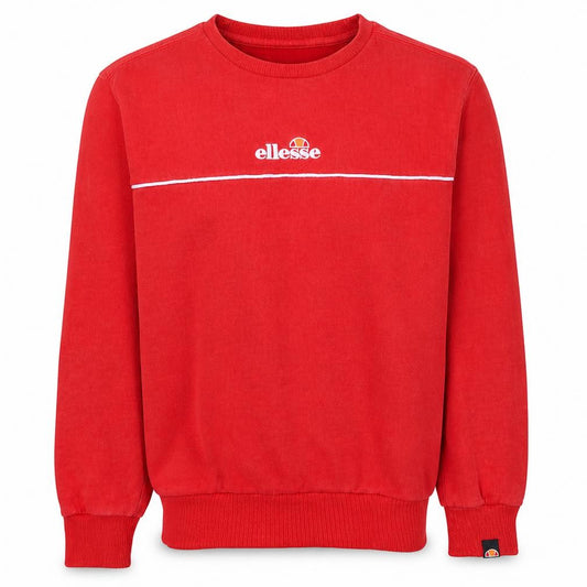 Front view of Ellesse men’s red crew neck sweatshirt, size S, logo embroidered pullover