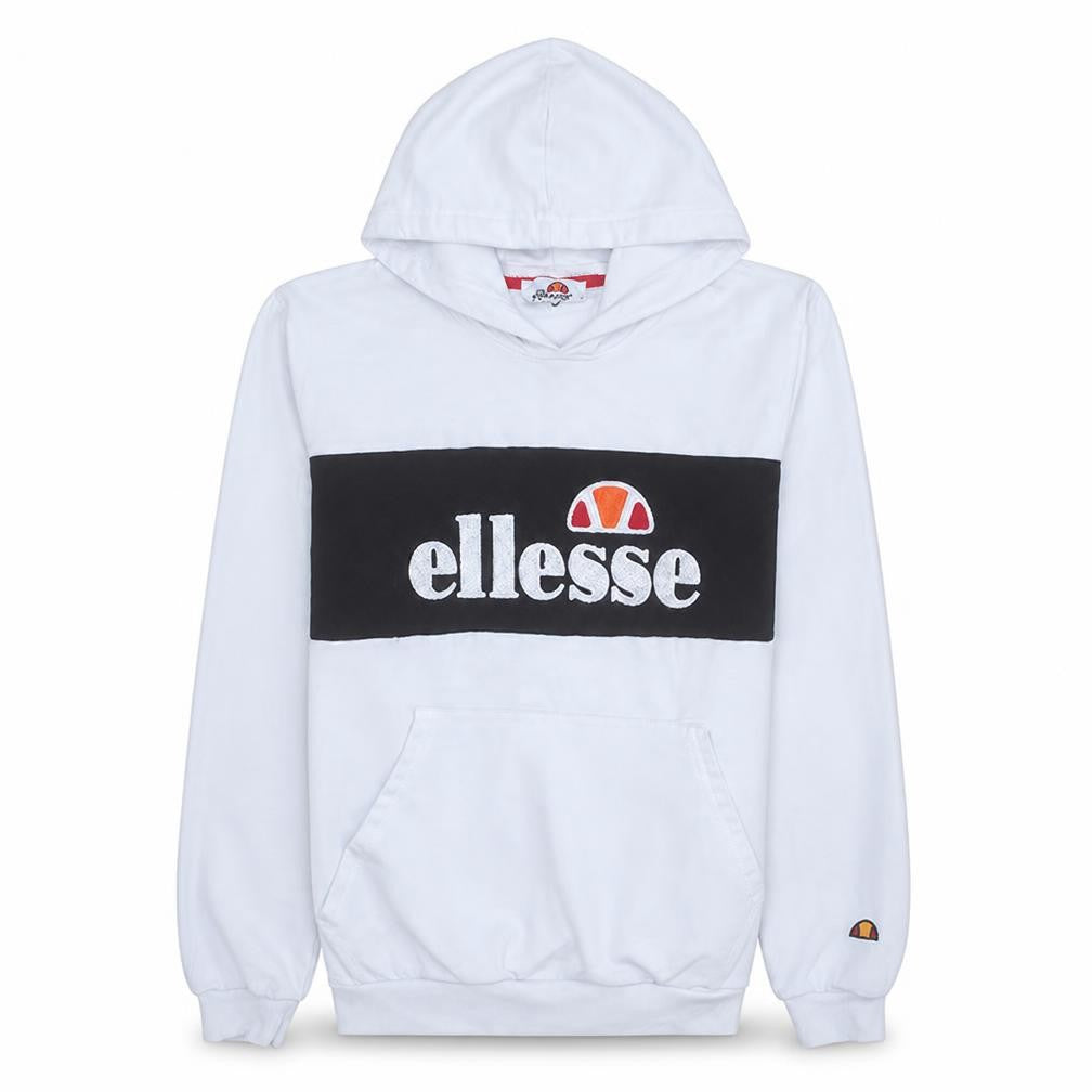 Front view of Ellesse men’s white pullover hoodie m retro logo fleece sweatshirt