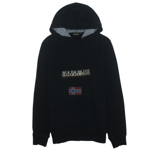 Napapijri Mens Black Pullover Hoodie M Embroidered Flag Logo Fleece