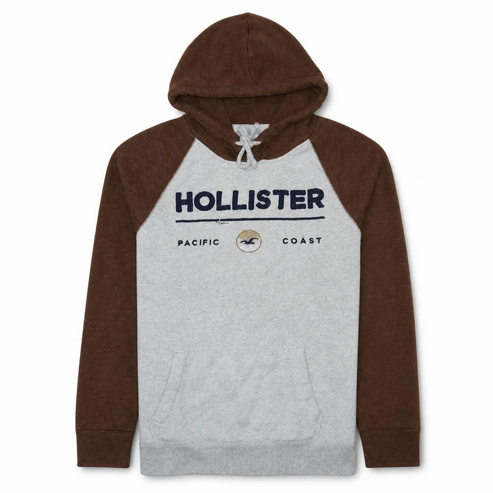Hollister Men’s Brown Grey Pullover Hoodie M Logo Fleece Sweatshirt