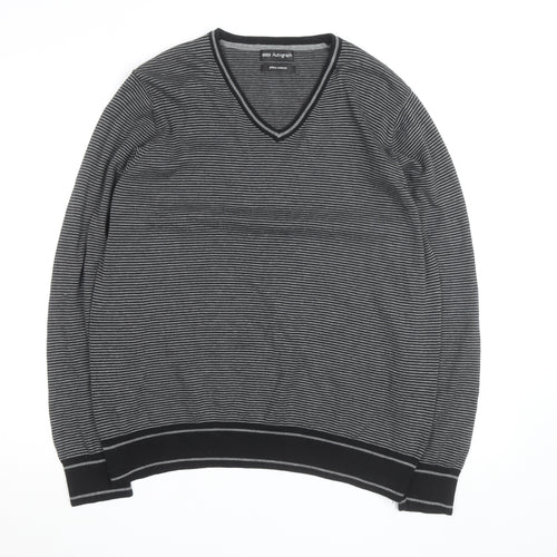 Marks and Spencer Autograph Men's Grey Striped V-Neck Cotton Jumper Size L