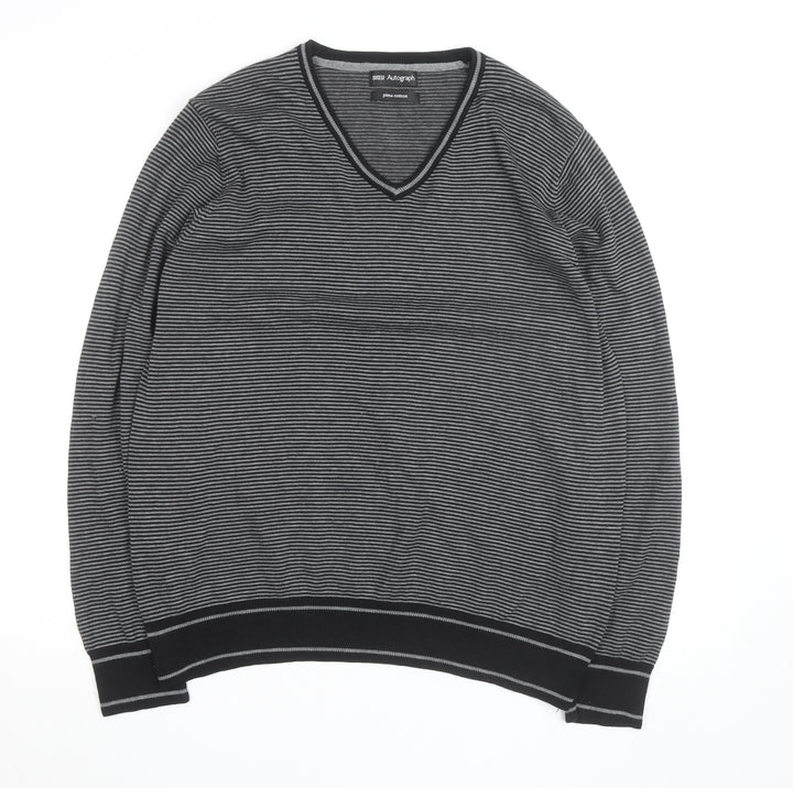 Marks and Spencer Autograph Men's Grey Striped V-Neck Cotton Jumper Size L