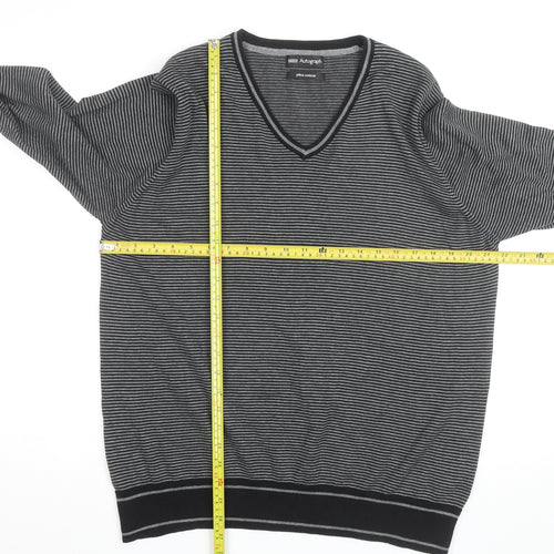 Marks and Spencer Autograph Men's Grey Striped V-Neck Cotton Jumper Size L
