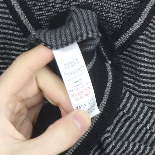 Marks and Spencer Autograph Men's Grey Striped V-Neck Cotton Jumper Size L