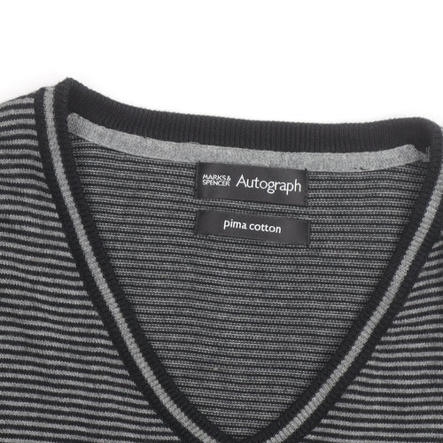 Marks and Spencer Autograph Men's Grey Striped V-Neck Cotton Jumper Size L