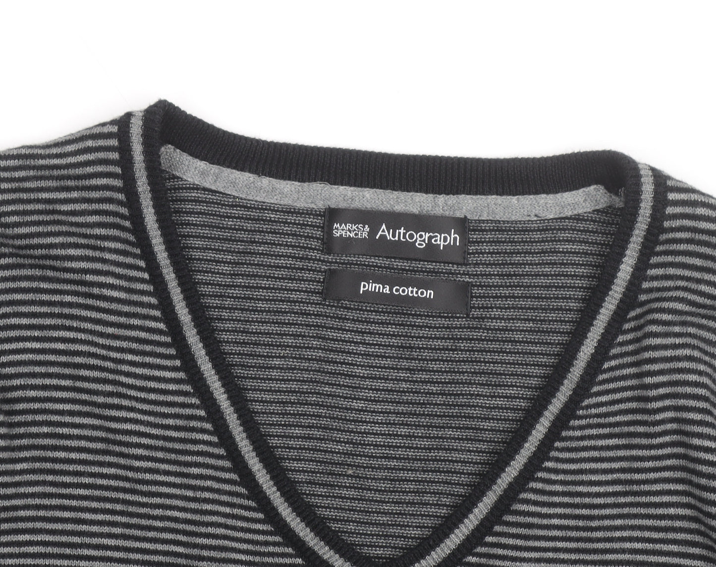 Marks and Spencer Autograph Men's Grey Striped V-Neck Cotton Jumper Size L