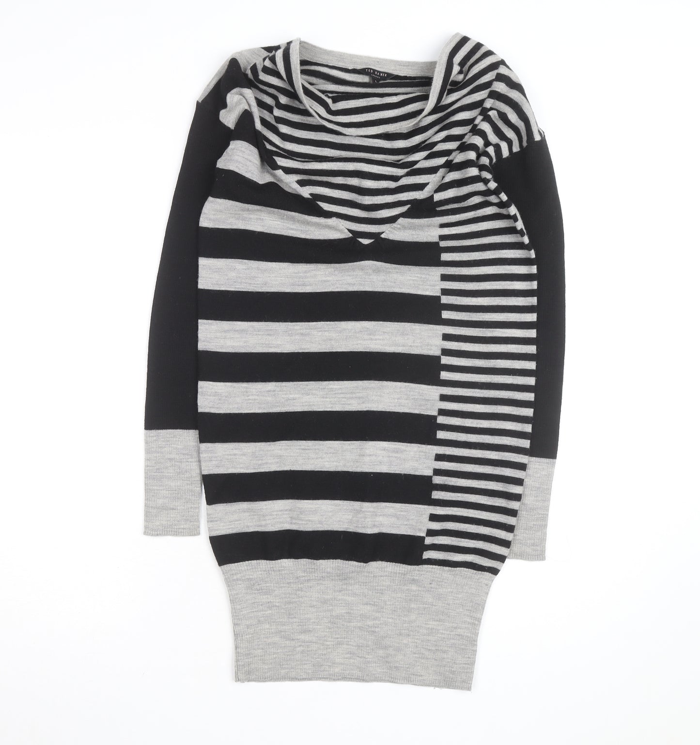Ted Baker Women’s Grey Striped Wool Jumper Dress Size S Cowl Neck