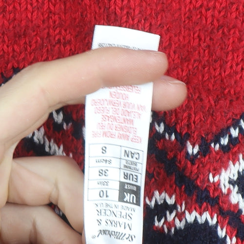 Marks & Spencer Women’s Red Fair Isle Wool Roll Neck Jumper Size 10