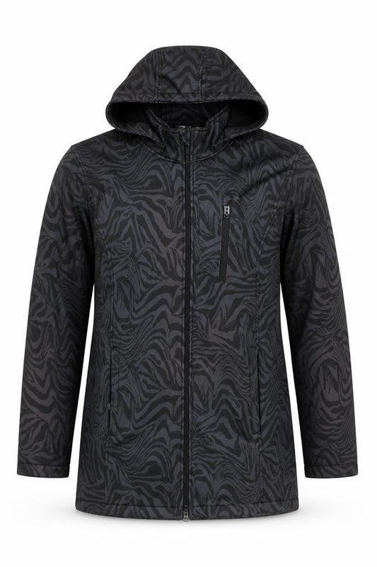 Front view of H&M men’s black animal print softshell hooded jacket, size M