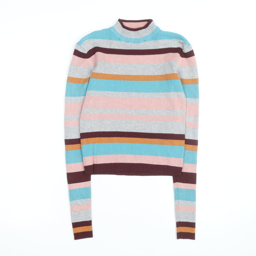 Pull & Bear Women's Multicoloured Striped Mock Neck Knit Top Size 10