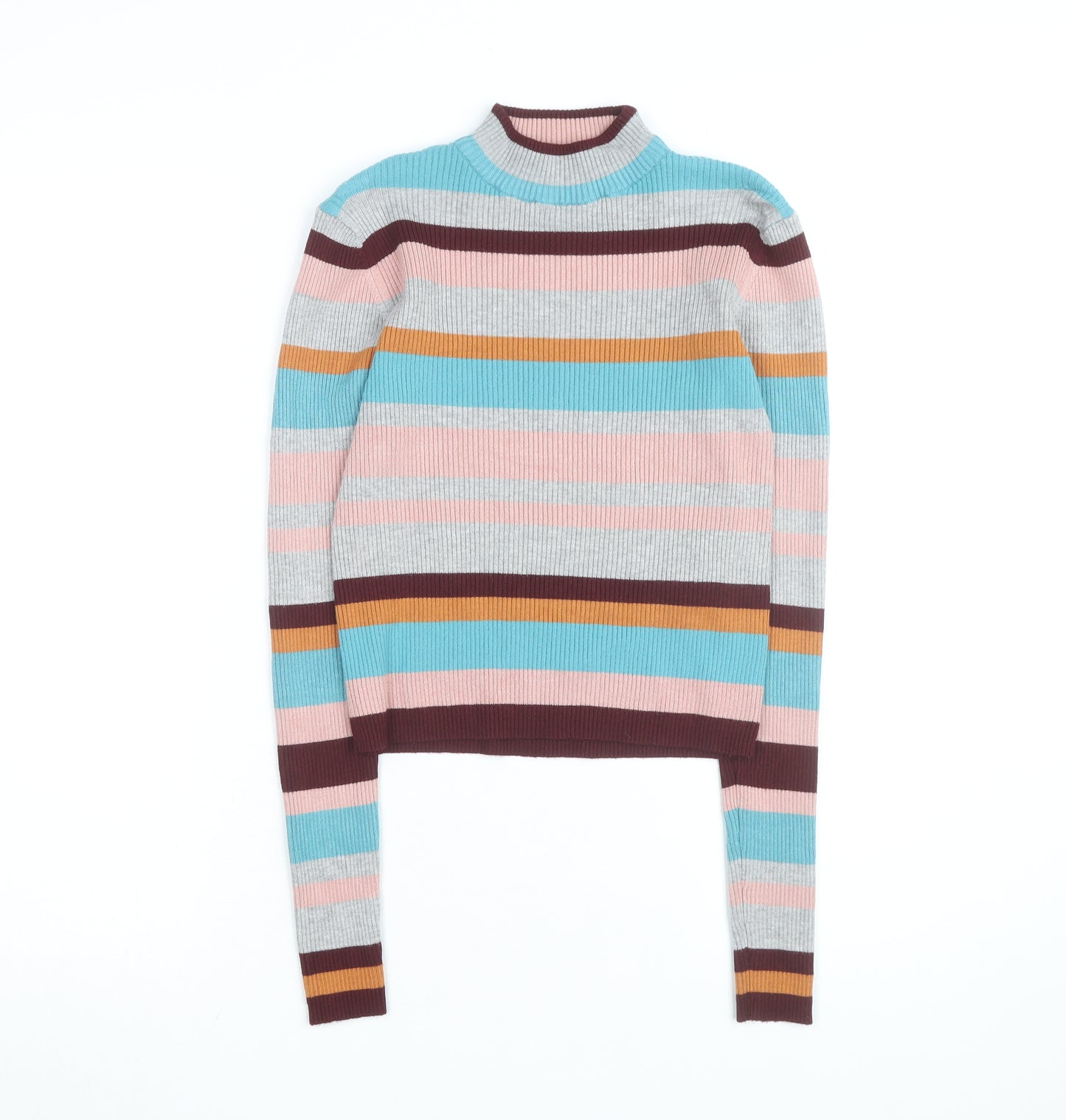 Pull & Bear Women's Multicoloured Striped Mock Neck Knit Top Size 10