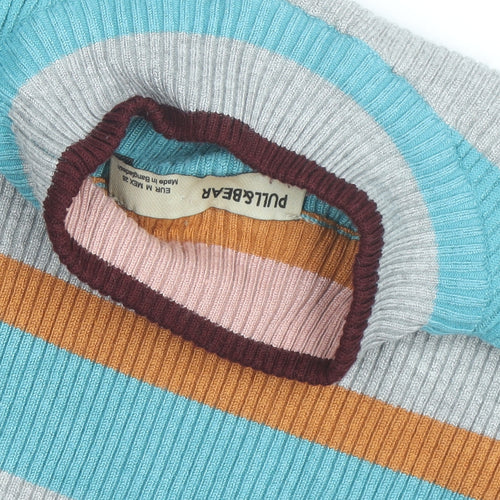 Pull & Bear Women's Multicoloured Striped Mock Neck Knit Top Size 10