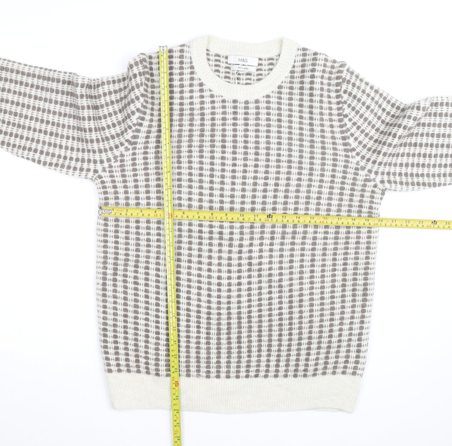 Marks and Spencer Women's Grey Check Knit Crew Neck Jumper M