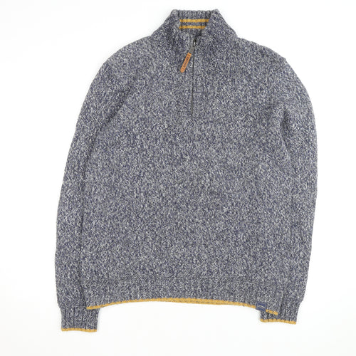 Fat Face Men Blue Chunky-Knit 1/4 Zip Jumper L Wool Cotton