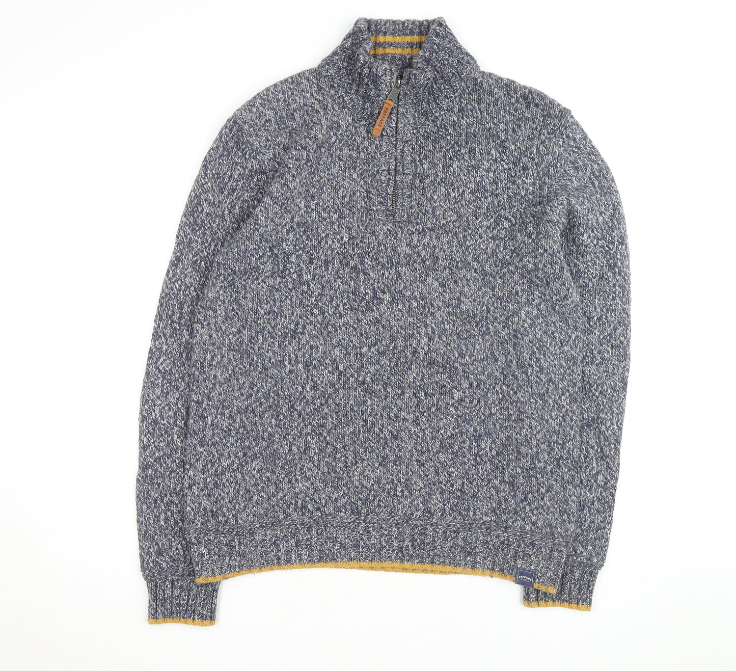 Fat Face Men Blue Chunky-Knit 1/4 Zip Jumper L Wool Cotton