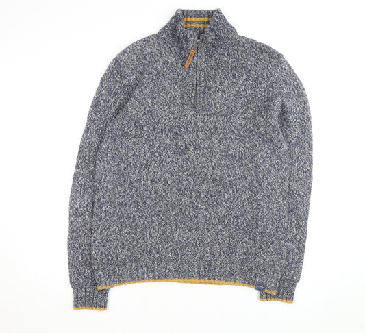 Fat Face Men Blue Chunky-Knit 1/4 Zip Jumper L Wool Cotton