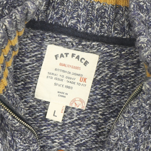 Fat Face Men Blue Chunky-Knit 1/4 Zip Jumper L Wool Cotton