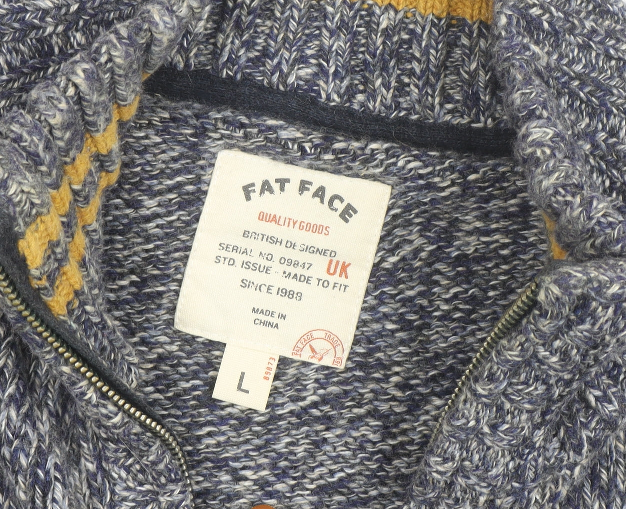Fat Face Men Blue Chunky-Knit 1/4 Zip Jumper L Wool Cotton