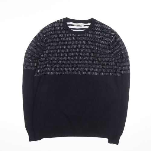 Mango Men Blue Striped Cotton Crew Neck Jumper Size L