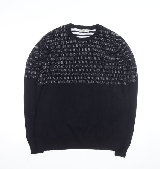 Mango Men Blue Striped Cotton Crew Neck Jumper Size L