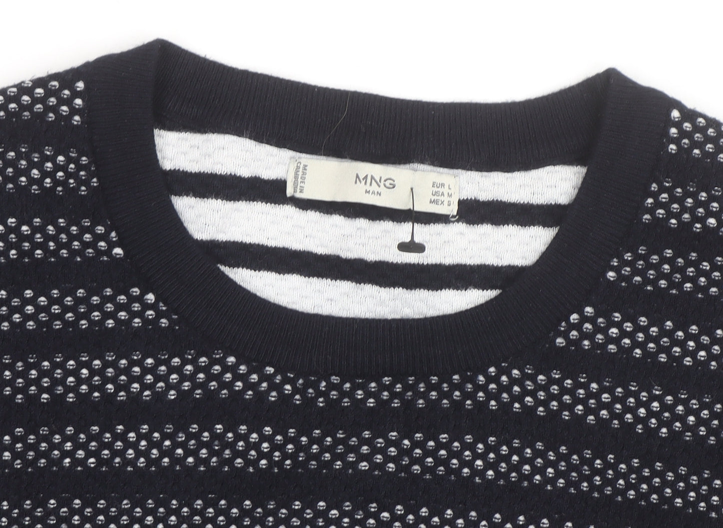 Mango Men Blue Striped Cotton Crew Neck Jumper Size L