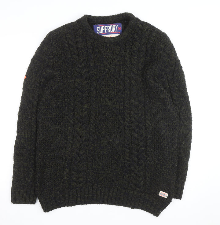 Superdry Men's Green 2XL Cable-Knit Wool Jumper Classic Winter Style