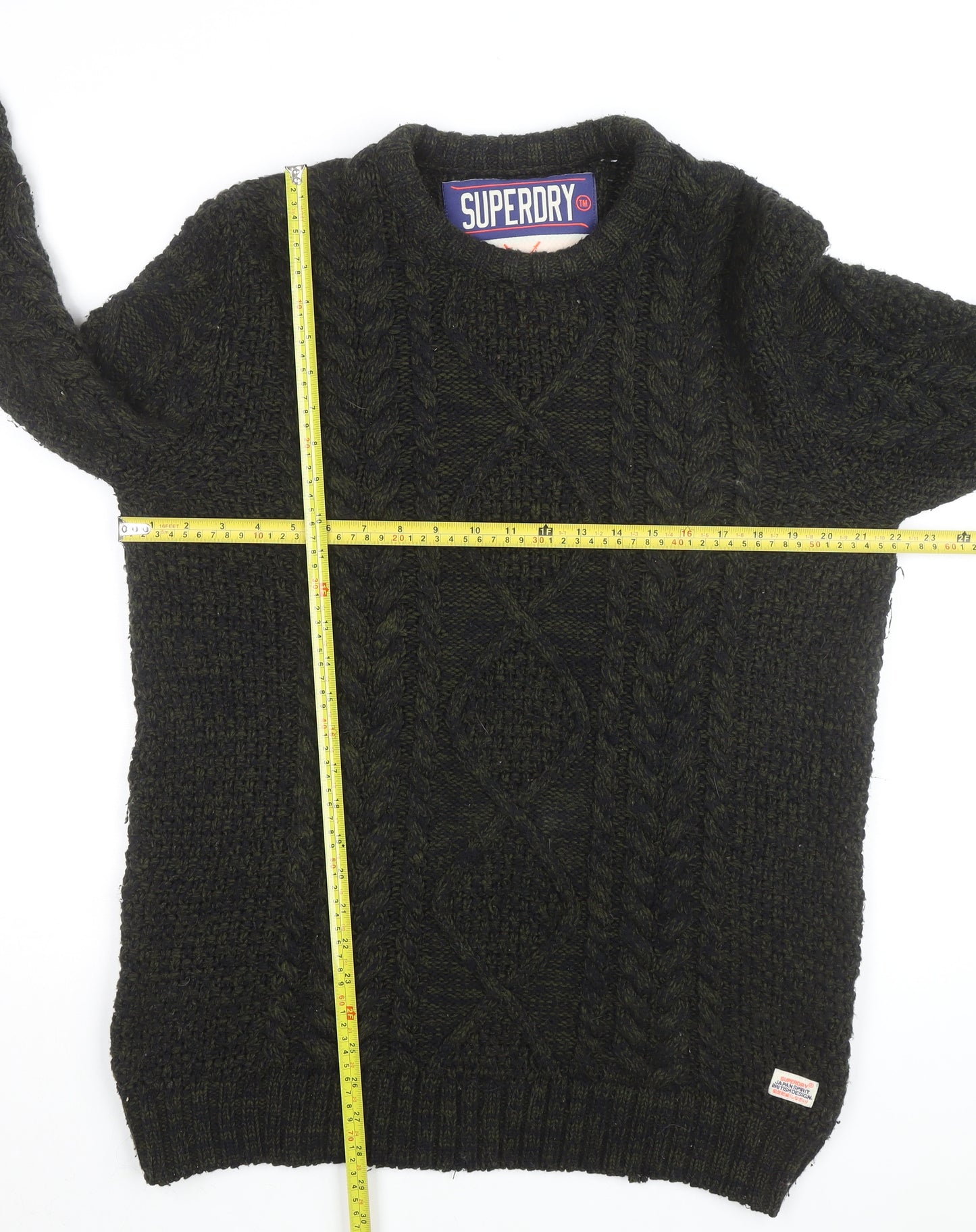 Superdry Men's Green 2XL Cable-Knit Wool Jumper Classic Winter Style