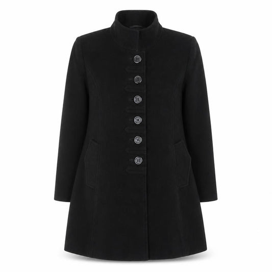 Front view of Erich Fend Women's Black Wool Cashmere Long Overcoat, size 12