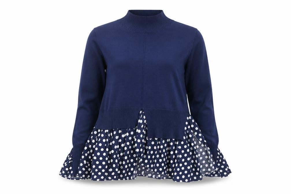 Front view of Quiz Women’s Blue Polka Dot Roll Neck Tunic Blouse, size M