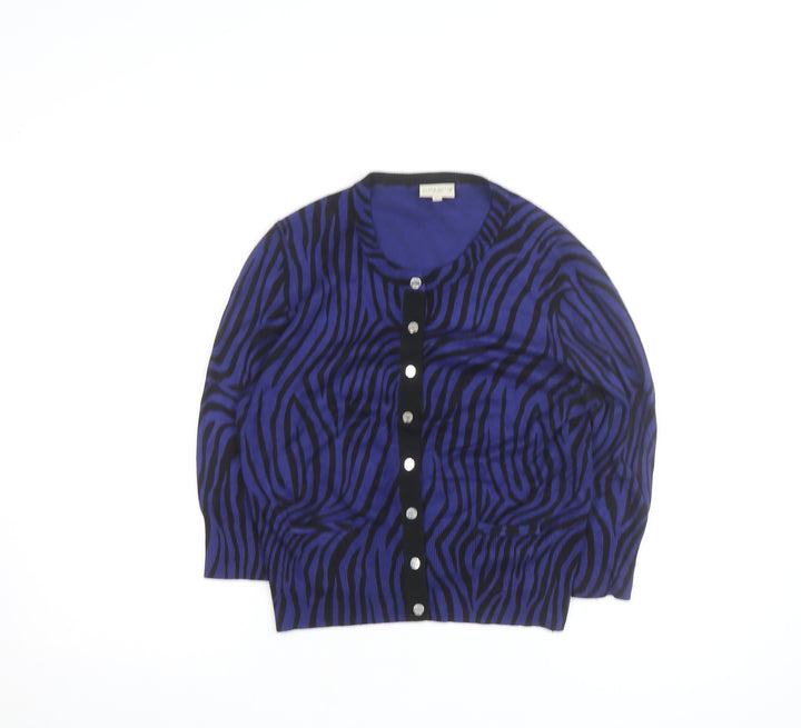 Karen Millen Women's Blue Animal Print Button-Up Knit Top Size 4