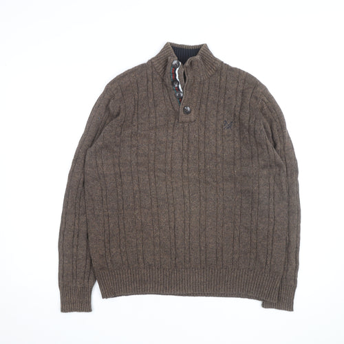 Crew Clothing Co Men’s Brown Cotton Cable-Knit Henley Jumper Large