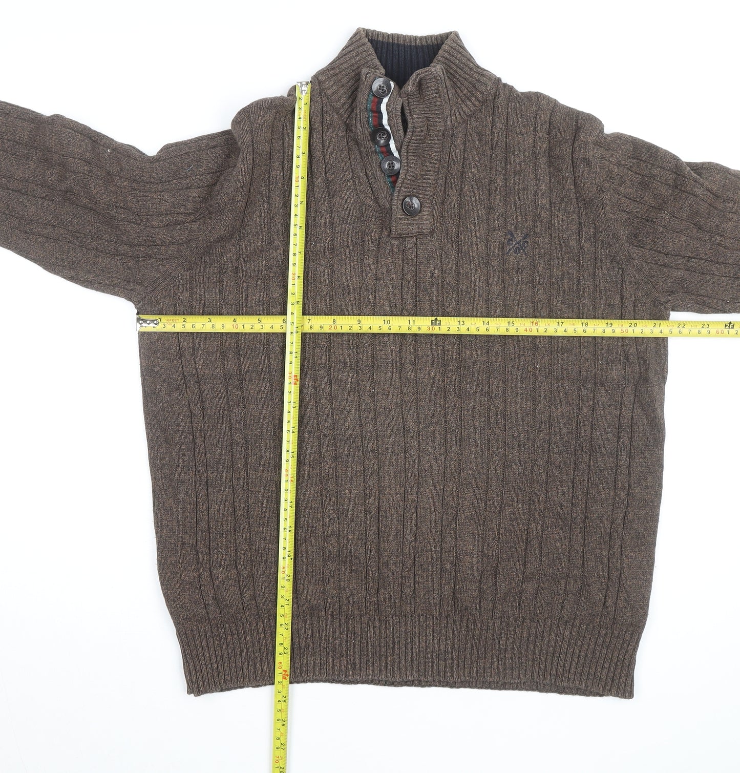 Crew Clothing Co Men’s Brown Cotton Cable-Knit Henley Jumper Large