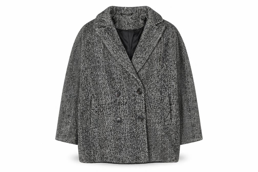 Front view of Dunnes Women's Grey Herringbone Wool Blend Pea Coat, size 12