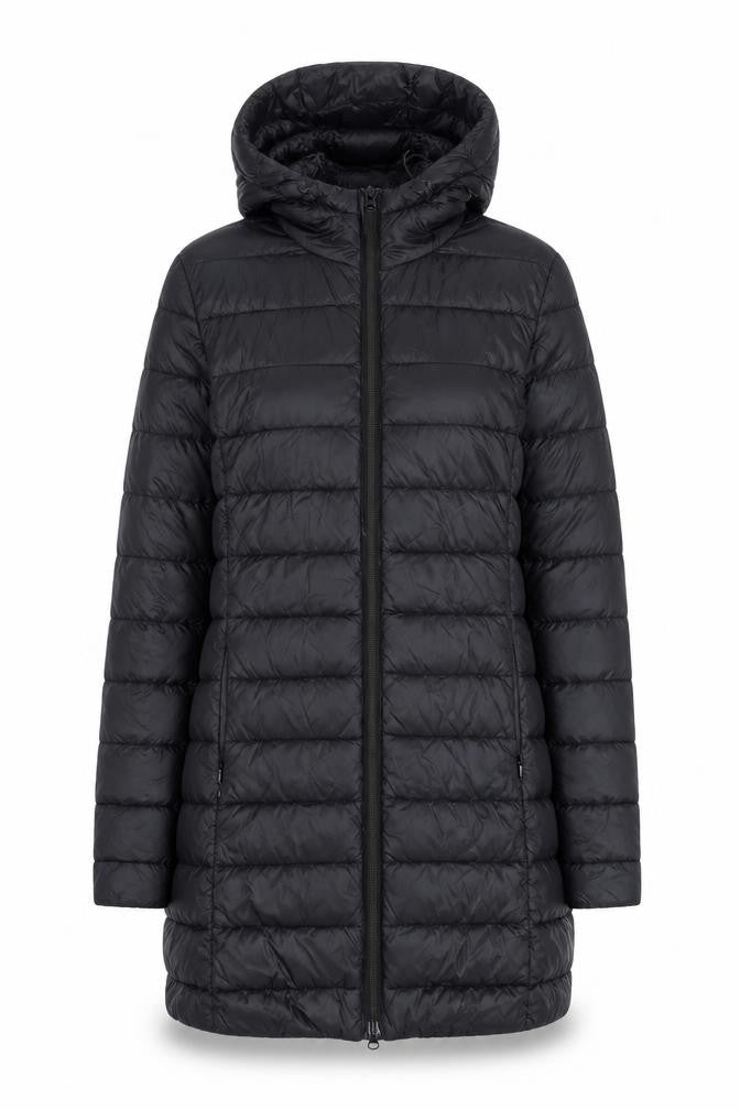 Front view of McKINLEY Women's Black Long Puffer Jacket, size 16, Hooded Lined
