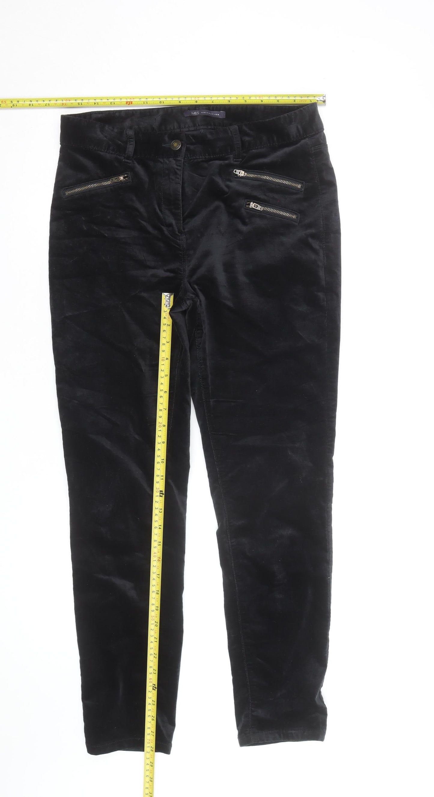 Marks and Spencer Black Velvet Slim Trousers Women’s Size 12 Zip Detail