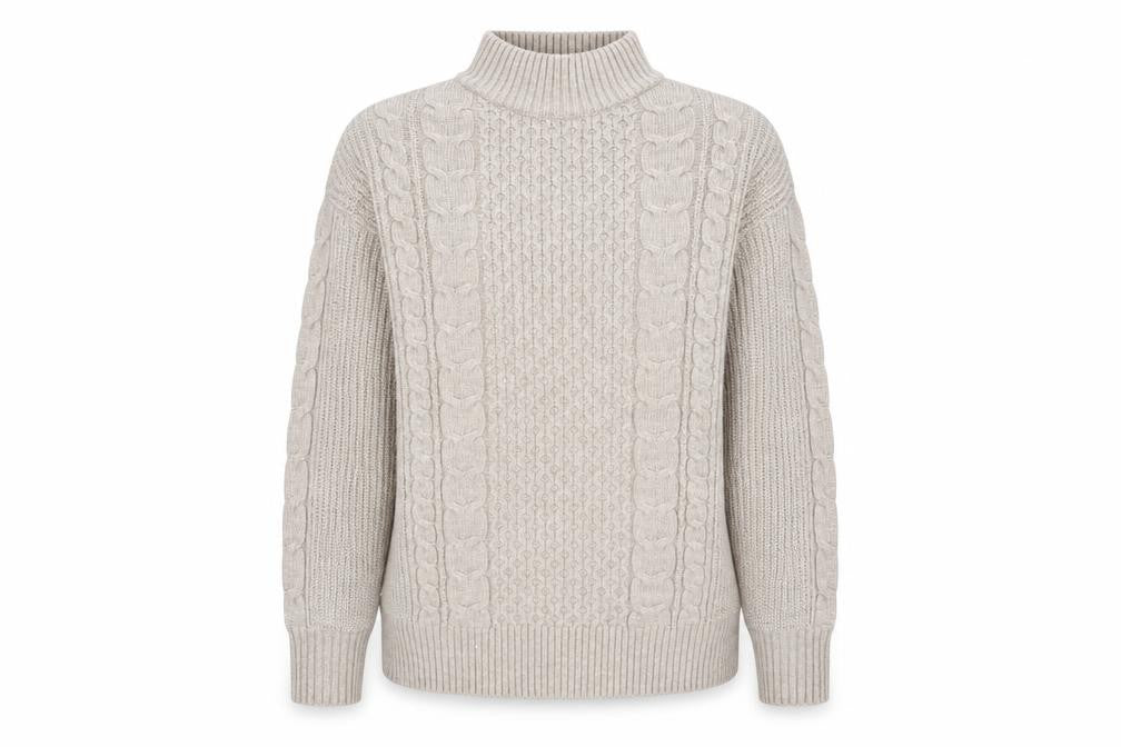 White Stuff Women Beige Wool Cotton Cable Knit Roll Neck Jumper UK 10