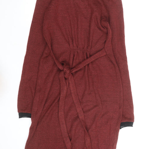 Féria Women Red Knit Jumper Dress Size 10 Belted Long Sleeve