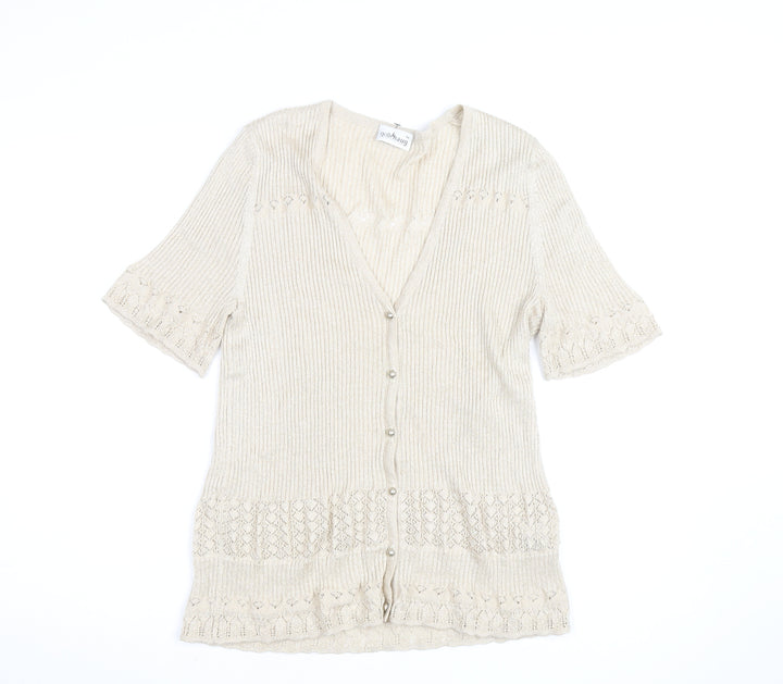 Gollehaug Women Beige Knit Short Sleeve V-Neck Blouse Size 16
