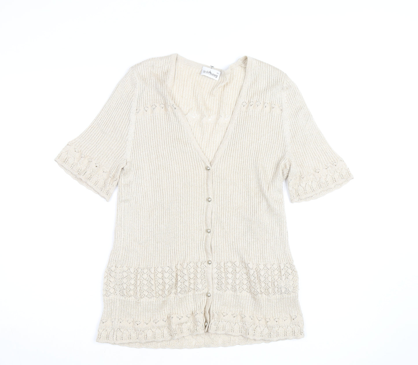 Gollehaug Women Beige Knit Short Sleeve V-Neck Blouse Size 16