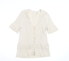 Gollehaug Women Beige Knit Short Sleeve V-Neck Blouse Size 16